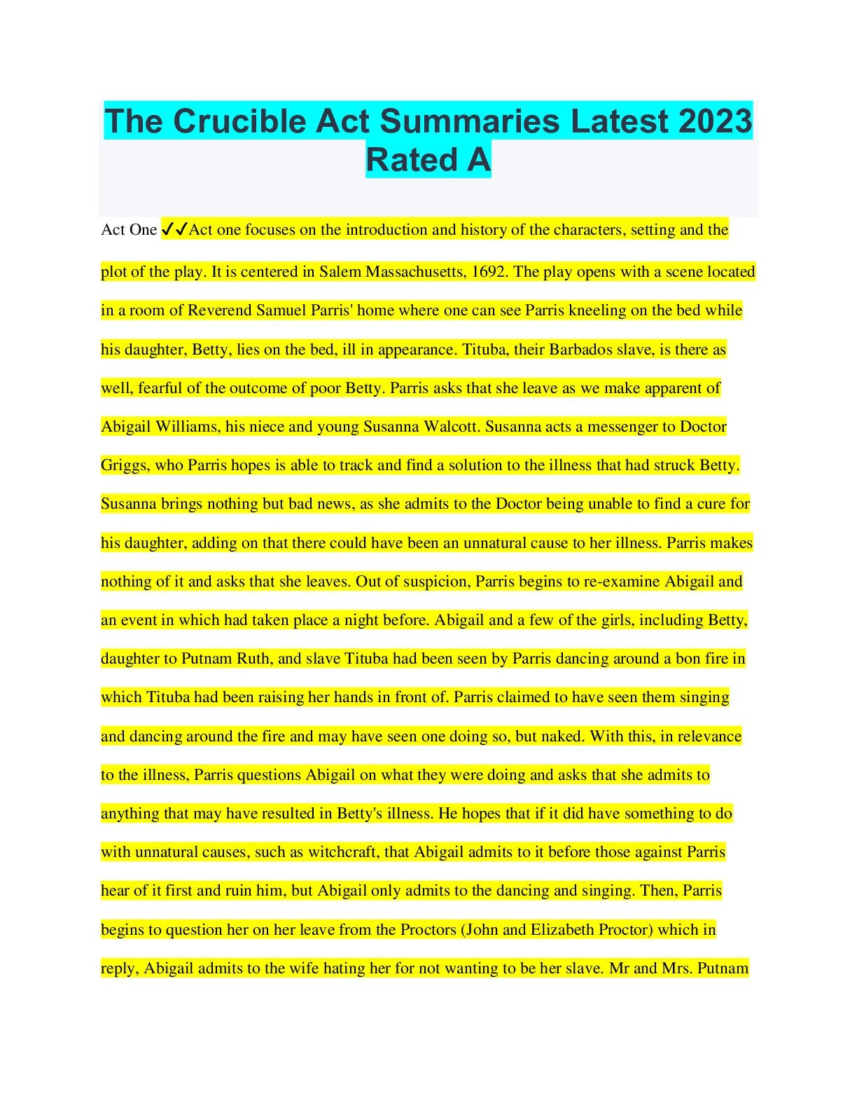 Preview of The Crucible Act Summaries Latest 2023 Rated A
